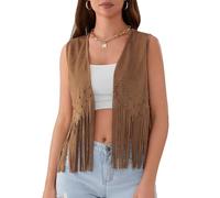 HzDazrl Chaleco de flecos para mujer, con remaches frontales abiertos, borlas, sin mangas, estilo vintage, vaquera, hippie, casual, para exteriores, marrón claro, M