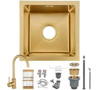 HZKSINNK 38x38cm Fregadero Cocina, Oro Cepillado Fregaderos De Un Seno, Acero Inoxidable Barra Fregaderos De Cocina, Fregadero Bajo Encimera O Sobre Encimera Con Filtro De Drenaje