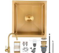 HZKSINNK 45x45cm Fregadero Cocina, Oro Cepillado Fregaderos De Un Seno, Acero Inoxidable Barra Fregaderos De Cocina, Fregadero Bajo Encimera O Sobre Encimera Con Filtro De Drenaje