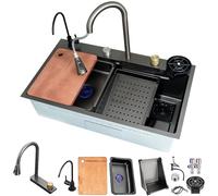 HZKSINNK 68x45cm Fregadero de Cocina de 1 Cubeta, cascada Fregadero de Acero Inoxidable, con Grifo Cocina Extraible, lavadora de vidrio, sifón, rebosadero y desagüe así como otros accesorios