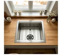 HZKSINNK Fregadero Compacto De Cocina Y Barra, Acero Inoxidable 304, Con Lavavasos, Pomo De Desagüe Y Tubería De Desagüe, Cubeta Única Pequeña Para Bar, Ideal Para Pub, RV, Autocaravana(38x38cm)