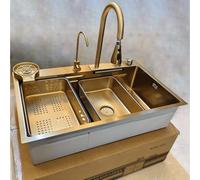 HZKSINNK Fregadero de cascada, 1 lavabo, fregadero de cocina con juego de accesorios, fregadero de cocina de acero inoxidable, como grifos extensibles, lavavajillas para vasos y cestas de drenaje
