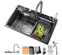 HZKSINNK Fregadero de cocina con dos cascadas, 1 cuenco, negro, multifuncional, de acero inoxidable, con nano revestimiento, con grifos extensibles, lavaplatos y cestas de drenaje y juego de desagüe