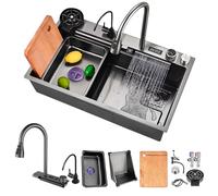 HZKSINNK Fregadero de Cocina de 1 Cubeta 80x50 cm, Negro cascada Fregadero de Acero Inoxidable, con Grifo Cocina Extraible, cesta de drenaje, sifón, rebosadero y desagüe así como otros accesorios