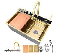 HZKSINNK Fregadero de cocina de 80 x 45 cm, con dos cascadas, 1 pila dorada, multifuncional, de acero inoxidable, fregadero de bar nanorrevestido, con grifos extensibles, lavavajillas y cestas de