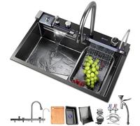 HZKSINNK Fregadero de cocina de 80 x 50 cm, con dos cascadas, 1 cuenco, color negro, multifuncional, de acero inoxidable, con nanorevestido, con grifos extensibles, lavavajillas para vasos y cestas de