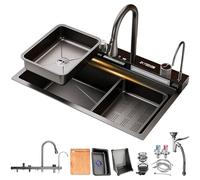 HZKSINNK Fregadero de cocina de 90 x 50 cm, con dos cascadas, 1 cuba, negro, multifuncional, de acero inoxidable, fregadero de barra con nanorrevestimiento, grifos extensibles, lavavajillas para vasos