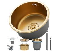 HZKSINNK Fregaderos de cocina, Fregadero individual dorado, 1 lavabo redondo de cocina / baño fregadero de acero inoxidable en oro, nano con juego de desagüe, fácil de limpiar, empotrable/montaje