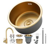 HZKSINNK Fregaderos de cocina, Fregadero individual dorado, 1 lavabo redondo de cocina / baño fregadero de acero inoxidable en oro, nano con juego de desagüe, fácil de limpiar, empotrable/montaje (oro