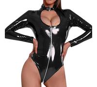 HZling Soporte Garganta Sexy erótico Señoras Gran Cintura Alta Elástica Cuero Brillante PU Aceite Cuero Brillante discoteca Cremallera Manga Larga Medias Lencería Erótica, Le Noir, M