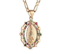 HZMAN 14K oro plateado oval recortado corazón Virgen María oración collar amuleto Nuestra Señora de Guadalupe Colgante Multicolor Cubic Zirconia Mujeres Regalo Hija, 2.1cm x 2.65cm / 0.82in x 1.04in
