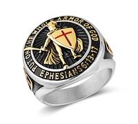 HZMAN Anillo de acero inoxidable para hombre con diseño de cruz roja de Efesios 6:13-17 con caballeros templarios poniendo toda la armadura de Dios, 7, Metal, Sin piedras preciosas