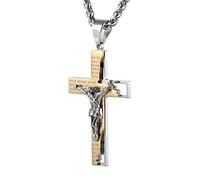 HZMAN Collar con colgante de cruz de acero inoxidable para hombre, con crucifijo de oración bíblica, regalo de joyería de 55 + 5 cm, 24" chain, Acero inoxidable, No es una piedra preciosa