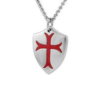 HZMAN Collar con colgante de cruz de caballeros templarios para hombre, Josué 1:9, escudo de acero inoxidable, collar con colgante de cruz roja, regalo de joyería, Acero inoxidable, No es una piedra