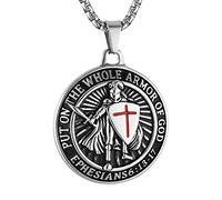 HZMAN Collar de acero inoxidable con diseño de cruz roja de caballeros templarios poner en toda la armadura de Dios Efesios 6:13-17 para hombres, Acero inoxidable, Sin gemas.