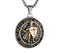 HZMAN Collar de acero inoxidable para hombre con diseño de cruz roja de Efesios 6:13-17, caballeros templarios ponen toda la armadura de Dios, 1.55 inches, Acero inoxidable, No es una piedra preciosa