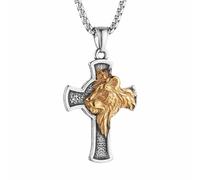 HZMAN Collar de cruz de cabeza de león de acero inoxidable para hombre, colgante gótico con cadena de 22 + 2 pulgadas, 3.1 cm x 4.1 cm, Acero inoxidable, Sin piedra preciosa
