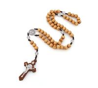 HZMAN Collar de cruz de madera natural para hombre hecho a mano oración rosario perlas santo benedicto collar colgante joyería católica regalo, Madera, No es una piedra preciosa