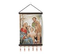 HZMAN Pintura de la Sagrada Familia Jesús María José Retro Tejida a Mano Arte de Pared Decorativo Cuadro Estético para Sala de Estar Dormitorio Marco de Madera 43x30 cm