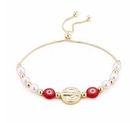 HZMAN Pulsera con ojo de mal para mujer, chapado en oro de 14 K, medalla de San Benedicto, retro, ojo azul, perla, protección de la suerte, pulsera elástica, joya de regalo, Latón, Sin gemas
