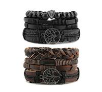 HZMAN Pulsera elástica de piel auténtica con diseño de árbol de la vida para hombres y mujeres, ojo de tigre, piedra de lava natural, étnica y tribal, One Size, Acero inoxidable, No es una piedra