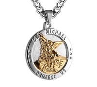 HZMAN San Miguel Cadena para Hombre Acero Inoxidable Retro Arcángel Redondo Medalla Colgante Collar Amuleto Joyería Regalo, 3.5 cm x 3.5 cm, Acero inoxidable, Sin piedra preciosa