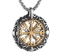 HZMAN Viking Vegvisir - Collar de acero inoxidable con brújula nórdica de doble cara, grabado hueco, colgante de tótem de sol, joyería de amuleto nórdico, 4.0cm x 3.4cm (1.55" x 1.34"), Acero