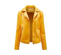 HZQIFEI Chaqueta de Cuero PU para Mujer, Abrigo Corto de Motorista Chaqueta de Motociclista Mujer Casual Chaqueta Corta de Cuero PU para el Otoño, Primavera PJK08 (Amarillo, M)