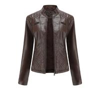 HZQIFEI Chaqueta de Cuero PU para Mujer, Abrigo Corto de Motorista Chaqueta de Motociclista Mujer Casual Chaqueta Corta de Cuero PU para el Otoño, Primavera PJK07 (Café, 3XL)