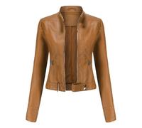 HZQIFEI Chaqueta de Cuero PU para Mujer, Abrigo Corto de Motorista Chaqueta de Motociclista Mujer Casual Chaqueta Corta de Cuero PU para el Otoño, Primavera PJK04 (Marrón, XL)