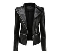 HZQIFEI Chaqueta de Cuero PU para Mujer, Abrigo Corto de Motorista Chaqueta de Motociclista Mujer Casual Chaqueta Corta de Cuero PU para el Otoño, Primavera PJK05 (Negro, XL)