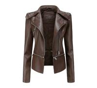 HZQIFEI Chaqueta de Cuero PU para Mujer, Abrigo Corto de Motorista Chaqueta de Motociclista Mujer Casual Chaqueta Corta de Cuero PU para el Otoño, Primavera PJK05 (Café, L)