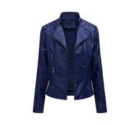 HZQIFEI Chaqueta de Cuero PU para Mujer, Abrigo Corto de Motorista Chaqueta de Motociclista Mujer Casual Chaqueta Corta de Cuero PU para el Otoño, Primavera PJK01 (Marina, XXL)