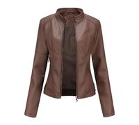 HZQIFEI Chaqueta de Cuero PU para Mujer, Abrigo Corto de Motorista Chaqueta de Motociclista Mujer Casual Chaqueta Corta de Cuero PU para el Otoño, Primavera PJK02 (Café, L)
