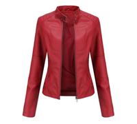 HZQIFEI Chaqueta de Cuero PU para Mujer, Abrigo Corto de Motorista Chaqueta de Motociclista Mujer Casual Chaqueta Corta de Cuero PU para el Otoño, Primavera PJK02 (Rojo, 3XL)
