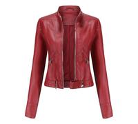 HZQIFEI Chaqueta de Cuero PU para Mujer, Abrigo Corto de Motorista Chaqueta de Motociclista Mujer Casual Chaqueta Corta de Cuero PU para el Otoño, Primavera PJK04 (VinoTinto, S)