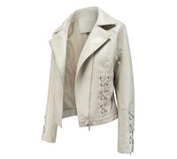 HZQIFEI Chaqueta de Cuero PU para Mujer, Chaqueta Corto de Motorista Mujer Casual Chaqueta Corta de Cuero PU para el Otoño, Primavera PJK11 (Beige, XXL)