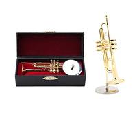 Hztyyier Mini Trompeta Dorada con Soporte y Estuche de Madera - Réplica en Miniatura de Instrumento Musical de Latón - Decoración para Estantería, Escritorio y Hogar - Regalo para Niños y Músicos
