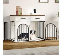 Hzuaneri 100 cm Jaula para Perros con 2 Cajones, Perrera de Interior con Estación de Carga, Mesa Auxiliar de Madera para Perros Medianos y Grandes, Blanco y Marrón DFC87214B