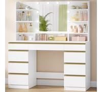 Hzuaneri 108 cm Tocador con 10 Globos de Luz LED, 3 Colores, Brillo Ajustable, Espejo HD Grande, 1 Cajón Grande y 8 Cajones Pequeños, 9 Áreas de Almacenaje Abiertas, Blanco-Dorado DT35703X