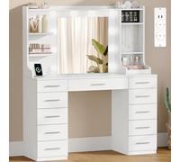 Hzuaneri 108 cm Tocador de Maquillaje Grande, Tocador con Luz LED Ajustable, Enchufes, 11 Cajones y 6 Ganchos para Joyas, Incluye Espacio para Guardar Anillos,Dormitorio, Blanco DT43303XEU