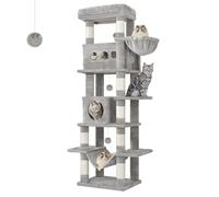 Hzuaneri 170 cm Rascador para Gatos, Árbol para Gatos, Multinivel, Grandes Plataformas, 2 Cuevas, Cesta, Hamaca, Pompón, para Grandes, Gris Claro MS17018LG