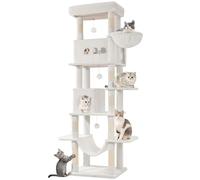 Hzuaneri 210cm Rascador para Gatos, Árbol para Gatos, 2 Cuevas, Plataforma, 1 Hamaca, 1 Cesta, 3 Pompones, XXL(50 x 60 x 210 cm), Blanco Crema MS21018WT