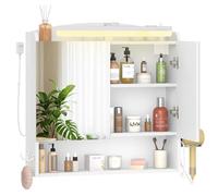 Hzuaneri Armario de Baño, con Espejo y Luz LED, Mueble Espejo de Pared, Armario baño Pared, con Soportes y Ganchos para secador de Pelo, con Interruptor y Enchufe, 16,5 x 70 x 75 cm, Blanco