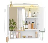 Hzuaneri Armario de Baño, con Espejo y Luz LED, Mueble Espejo de Pared, Armario baño Pared, con Soportes y Ganchos para secador de Pelo, con Interruptor y Enchufe, 16,5 x 60 x 68,5 cm Blanco