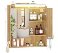 Hzuaneri Armario de Baño, con Espejo y Luz LED, Mueble Espejo de Pared, Armario baño Pared, con Soportes y Ganchos para secador de Pelo, con Interruptor y Enchufe, 16,5 x 60 x 68,5 cm Natural