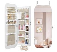 Hzuaneri Espejo Joyero de Pared Armario para Joyas e 6 LED, Montar en Pared o Puerta, con Candado, Espejo Interior, para Pendiente Collar, Blanco JC36603BE