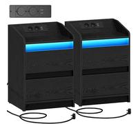 Hzuaneri Mesitas de Noche Juego de 2 con Luces LED, Estación de Carga y 2 Cajones, Mesa Auxiliar con Puertos USB y Enchufes de Energía, Ideal para Sala de Estar y Dormitorio, Negro NS30104X