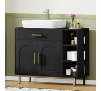 Hzuaneri Mueble Bajo Lavabo, Armario de Baño, 1 Cajón 2 Puertas de Armario, Compartimento Abierto con 3 Niveles, Izquierda y Derecha Intercambiables, Compartimento Ajustable, Negro BC28804G