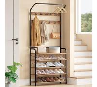Hzuaneri Perchero Zapatero, Perchero con Banco de 5 Niveles Recibidor, 9 Ganchos, 1 Barra Superior, 30 x 78,5 x 195cm, para Entrada Pasillo, Marrón Rústico HT19001B
